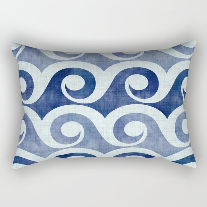 Indigo Geometric Beach Waves Rectangular Pillow