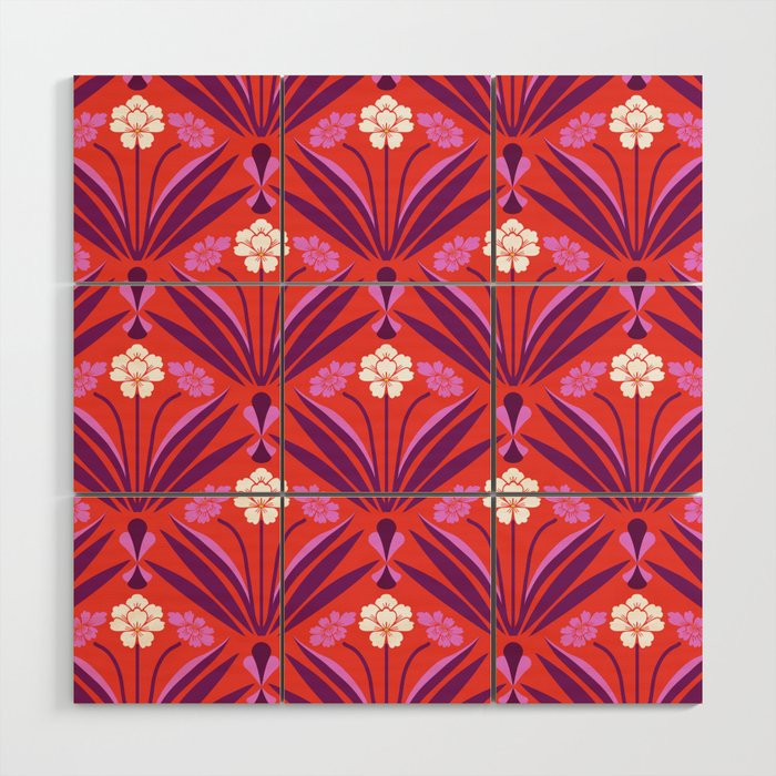 Art deco floral pattern in red, pink, and purple Wood Wall Art