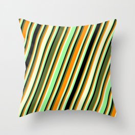 [ Thumbnail: Colorful Dark Orange, Light Yellow, Green, Black, and Dark Olive Green Colored Pattern of Stripes Throw Pillow ]