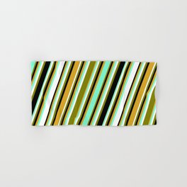 [ Thumbnail: Aquamarine, White, Green, Black, and Goldenrod Colored Pattern of Stripes Hand & Bath Towel ]