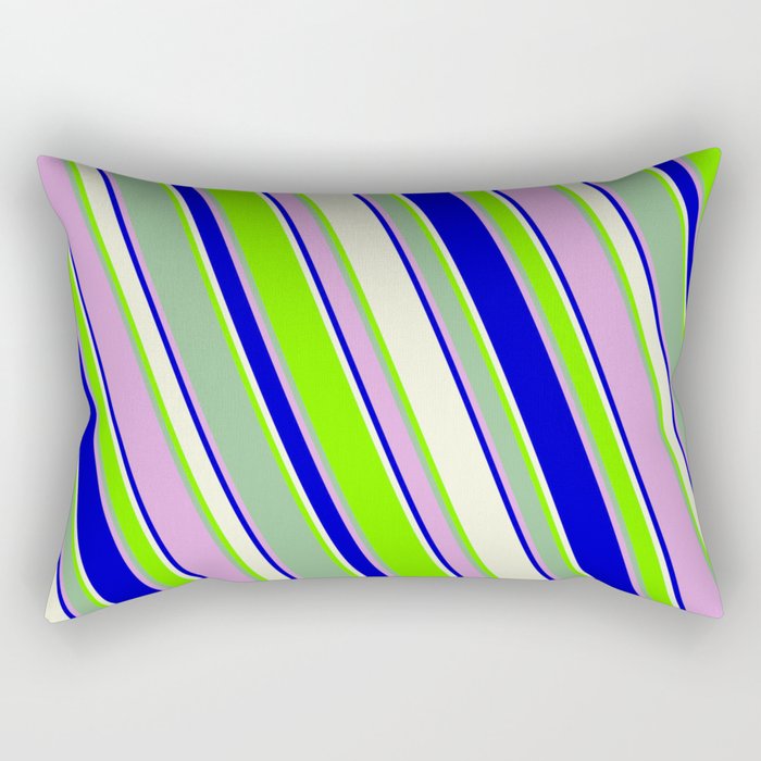 Vibrant Blue, Beige, Green, Dark Sea Green, and Plum Colored Pattern of Stripes Rectangular Pillow