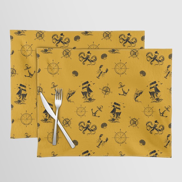 Mustard And Black Silhouettes Of Vintage Nautical Pattern Placemat