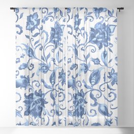 Elegant Oriental Blue & White Paisley Floral Sheer Curtain