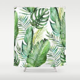 Green tropical palm & fern leaves on white background. Watercolor hand painted illustration pattern. Tropical illustration. Jungle foliage. Shower Curtain