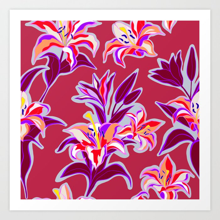 Maximalist Poisonous Lily Pattern 5. Viva Magenta Art Print