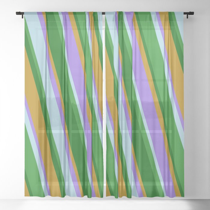 Eye-catching Dark Goldenrod, Purple, Light Blue, Forest Green, and Dark Green Colored Lined Pattern Sheer Curtain