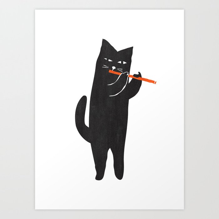 Black cat with flute Art Print