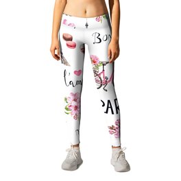Watercolor illustration, France style. Semless pattern with pink blossom flowers, bicycle, wine, macaroons, Eiffel tower, air balloon and french words Paris, L'amour, Merci, Bonjour Leggings