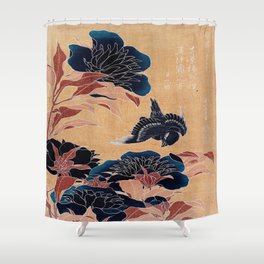 Peonies and Canary by Katsushika Hokusai : japanese flowers : Nocturnal Blooms: Midnight Blue  Shower Curtain