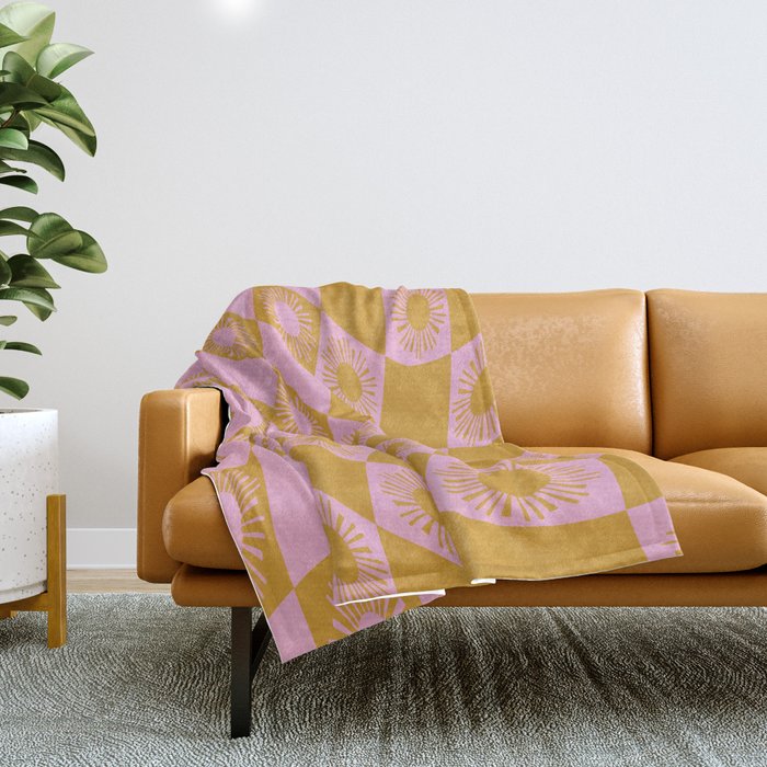 Abstract Sun Checker Pattern 1 in Gold Pink Throw Blanket