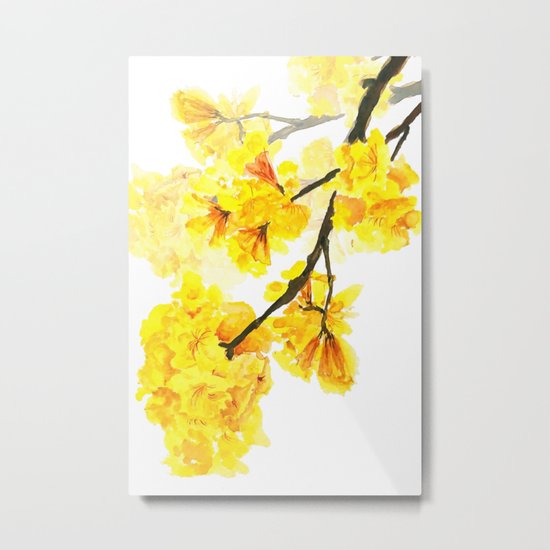 yellow trumpet trees watercolor yellow roble flowers yellow Tabebuia Metal Print