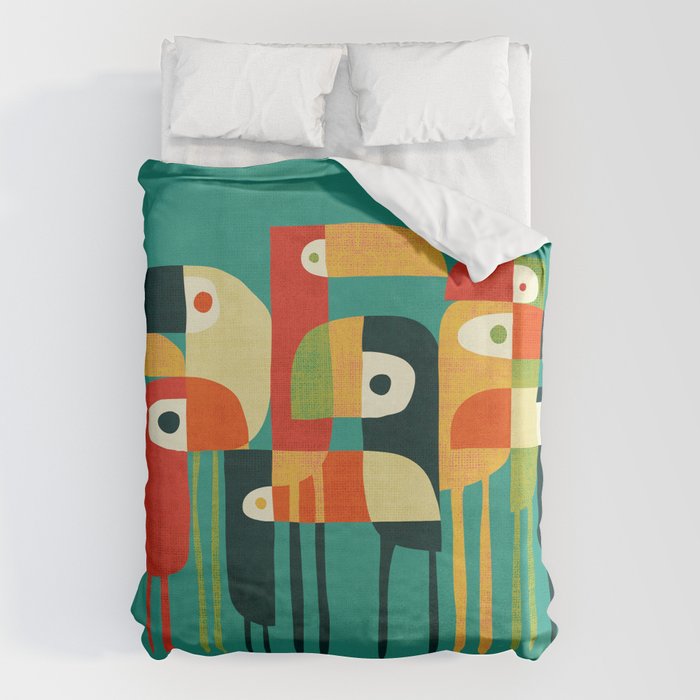 Toucan Bettbezug | Gemälde, Digital, Vogel, Toucan, Colorful, Geometrisch, Whimsical, Mid-century, Vintage, Retro