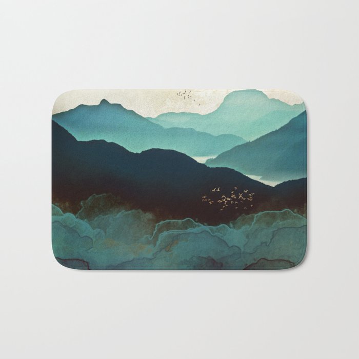 Indigo Mountains Badematte | Graphic-design, Digital, Aquarell, Berge, Indigo, Birds, Natur, Landscape, Abstrakt, Aqua