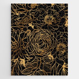 Nanette line art floral bouquet in gold and black (2) Jigsaw Puzzle