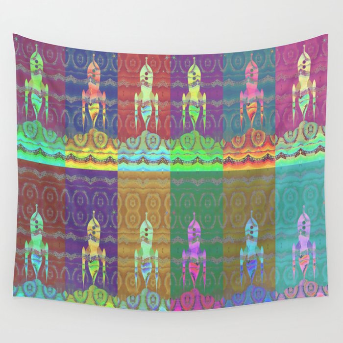 Twelve Colorful Space Rockets Wall Tapestry