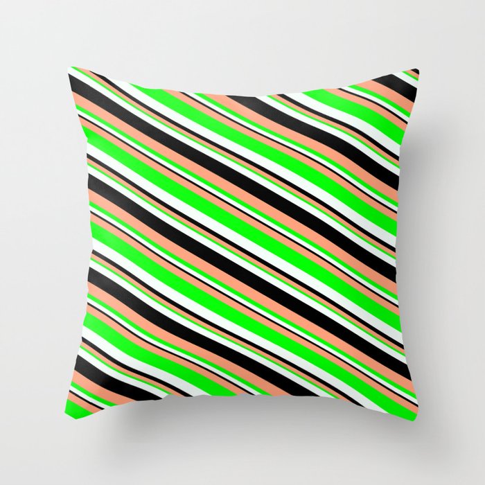 Light Salmon, Lime, Mint Cream & Black Colored Striped/Lined Pattern Throw Pillow