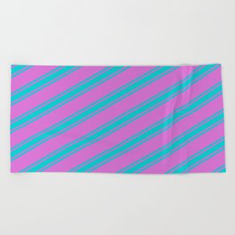 [ Thumbnail: Orchid & Dark Turquoise Colored Lined/Striped Pattern Beach Towel ]