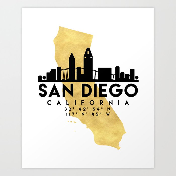 San Diego California Silhouette Skyline Map Art Art Print By Deificusart Society6