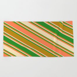 [ Thumbnail: Coral, Tan, Forest Green, and Dark Goldenrod Colored Stripes/Lines Pattern Beach Towel ]