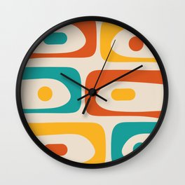 Mid Century Modern Piquet Abstract Pattern in Orange, Mustard Yellow, Turquoise Teal, and Cream Wall Clock