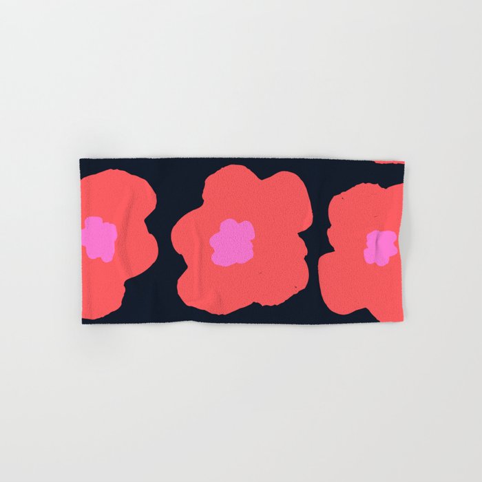 Large Pop-Art Retro Flowers in Pink and Coral Red Orange on Black Background  Hand & Bath Towel