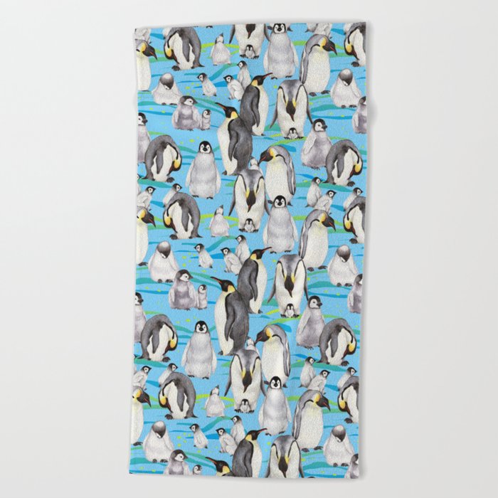Joyful Penguins family - blue Beach Towel