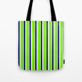 [ Thumbnail: Chartreuse, White & Midnight Blue Colored Stripes Pattern Tote Bag ]