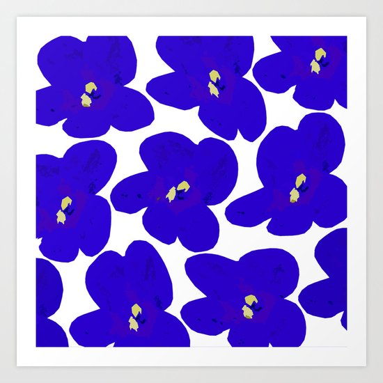 Blue Retro Flowers Art Print