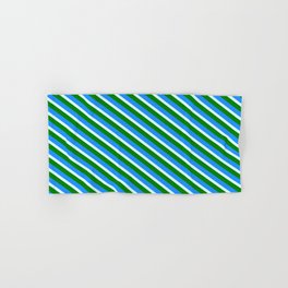 [ Thumbnail: Light Cyan, Green, and Blue Colored Lined/Striped Pattern Hand & Bath Towel ]