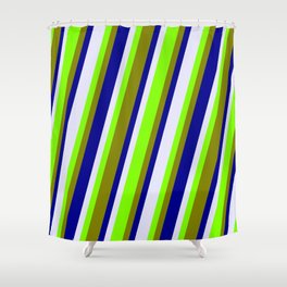 [ Thumbnail: Chartreuse, Green, Dark Blue & Lavender Colored Stripes/Lines Pattern Shower Curtain ]