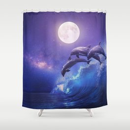 Night ocean with three playful dolphins leaping from sea on surfing wave and full moon shining Shower Curtain