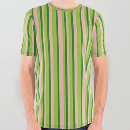 [ Thumbnail: Light Pink, Green & Forest Green Colored Lines Pattern All Over Graphic Tee ]