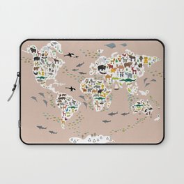 Cartoon world map for children, kids, Animals from all over the world, back to school, rosybrown Laptop Sleeve