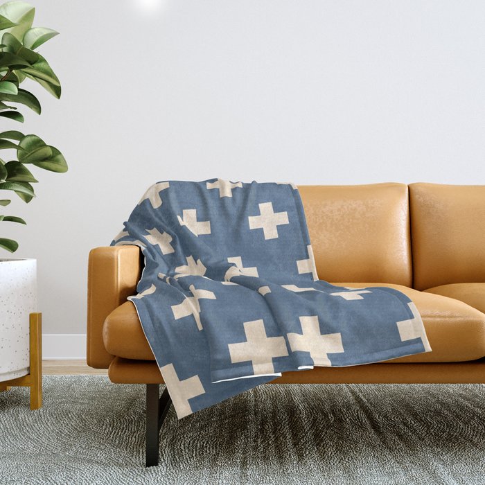 Swiss Cross Blue Throw Blanket by Bitart Society6
