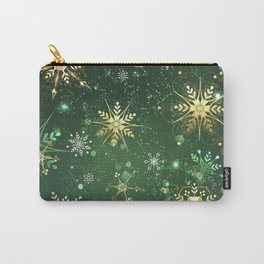Golden Snowflakes on Green Background Carry-All Pouch