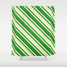 [ Thumbnail: Light Yellow & Forest Green Colored Lined/Striped Pattern Shower Curtain ]