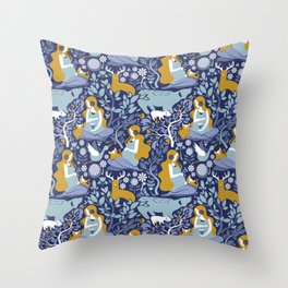 Mother Nature Scandinavian Inspiration // navy background blue and yellow mustard details Throw Pillow