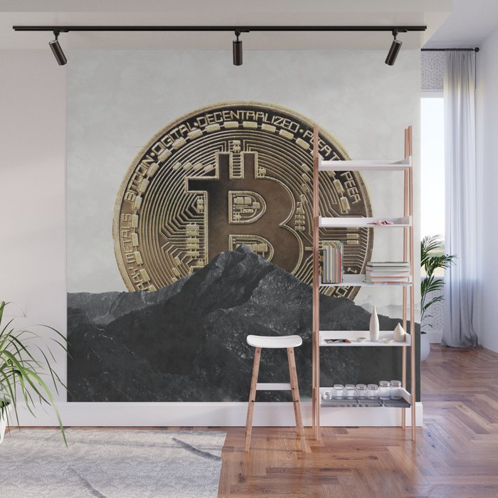 Bitcoin rising behind the mountain Wall Mural