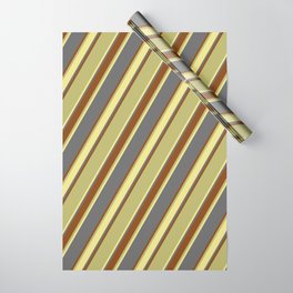 [ Thumbnail: Dim Grey, Brown, Dark Khaki, and Tan Colored Lined/Striped Pattern Wrapping Paper ]