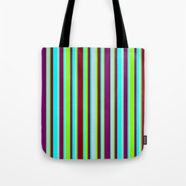 [ Thumbnail: Cyan, Powder Blue, Chartreuse, Purple & Dark Red Colored Lines/Stripes Pattern Tote Bag ]