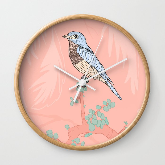 Bird in Tropical Forest - Pastel Coral Wall Clock