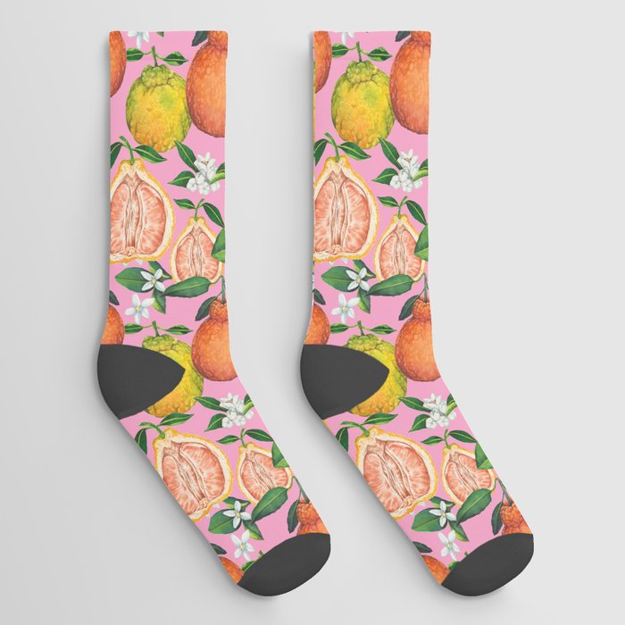 Fresh orange plant florals - pink Socks
