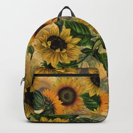 Vintage & Shabby Chic - Sunflowers Flower Garden Backpack | Painting, Bohemian, Pattern, Vintage, Midnight, Fall, Retro, Summer, Floral, Botanical 