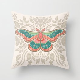 Moth Floral | Multicolor Throw Pillow | Hand Drawn, Pink, Moth Art, Modern, Originalart, Leaves, Bohemian, Natural Decor, Floral, Drawing 