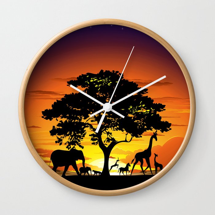 Wild Animals on African Savanna Sunset Wall Clock