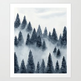 Foggy Forest - Navy Blue Wall Art, Misty Mountain Watercolor Painting, Trees Nature Art Art Print