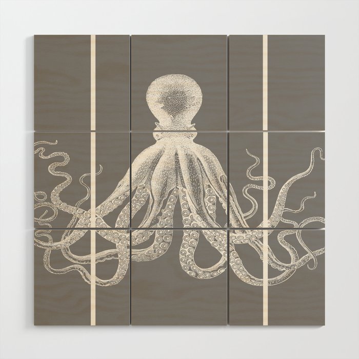 Octopus Faux Triptych | Vintage Octopus | Tentacles | Grey and White | Wood Wall Art