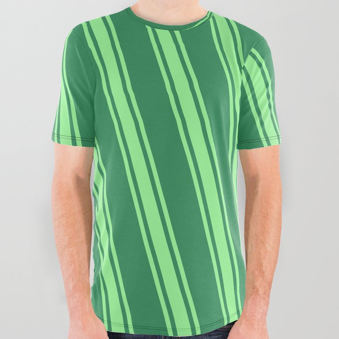Sea Green & Green Colored Lined Pattern All Over Graphic Tee