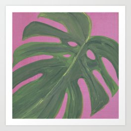 Gouache Monstera Leaf with pink background Art Print