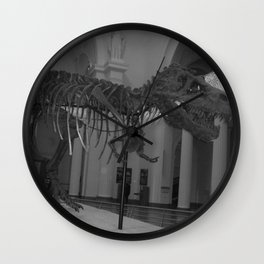 T-Rex museum dinosaur, skeleton, bone, fossil black and white photograph - photography - photographs Wall Clock